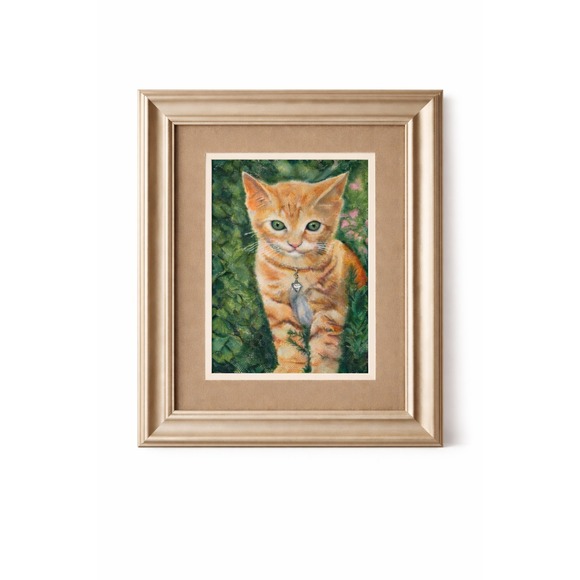 Vtg Framed Ginger Tabby Cat Portrait Orange Kitten Pastel Art 14.5x17.5 1990s
